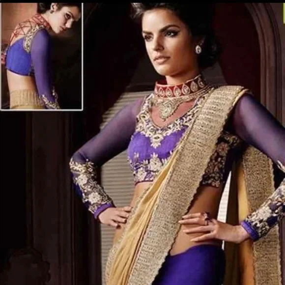 New Dark purple golden beige shaded net saree. - Picture 2 of 14